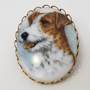 Terrier Dog Ceramic Gold Tone Scallop Edge Frame Brooch Pin Vintage Jewelry Oval